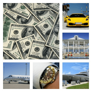Millionaire lifestyle symbols: money, cars, house, airplane, yacht, and luxury watch.