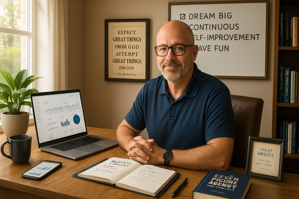 Man sitting at a desk with a laptop displaying business graphs, notebook, smartphone, and coffee mug, in a home office setting with motivational quotes on the wall, illustrating the concept of starting a home-based business.