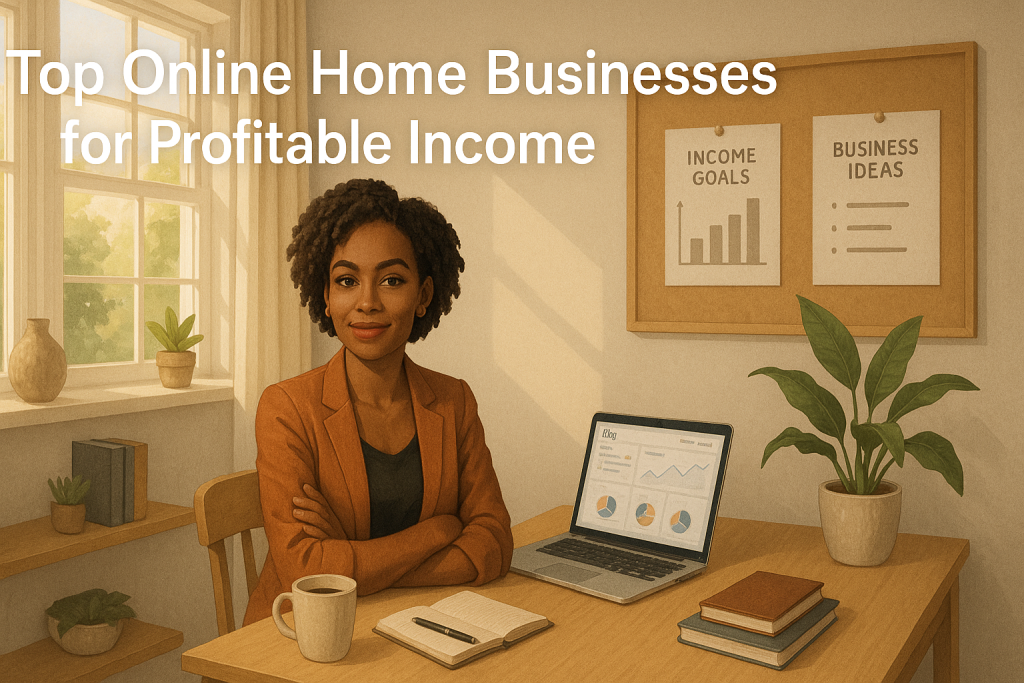 Woman in a home office setting with laptop displaying business analytics, surrounded by plants and notes on income goals and business ideas, emphasizing profitable online home business opportunities.