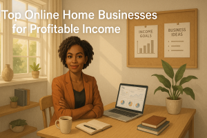 Online home businesses and profitable income opportunities with a woman and laptop.