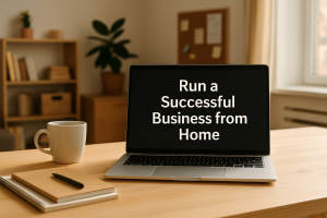 Laptop displaying "Run a Successful Business from Home" illustrating entrepreneurship and home-based business strategies.
