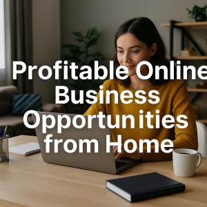 Woman working on laptop illustrating profitable online business opportunities from home.