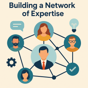 Network of expertise illustration connecting individuals and ideas for leadership and marketing.