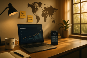 Network marketing business growth on laptop screen and smartphone with world map and freedom mug
