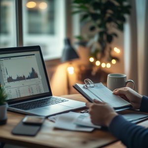 Investment analysis on laptop and notebook, Carl Willis entrepreneur insights