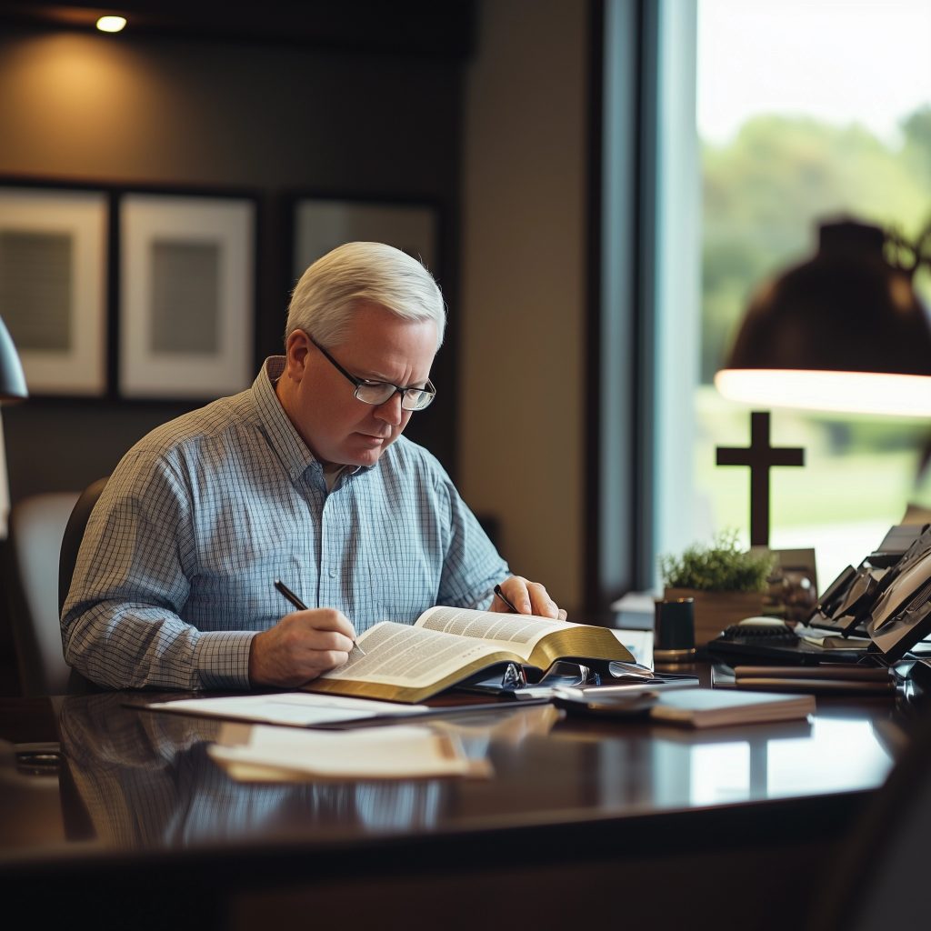 Man studying the Bible at a desk, symbolizing the integration of Christian faith in business, with a cross visible in the background.