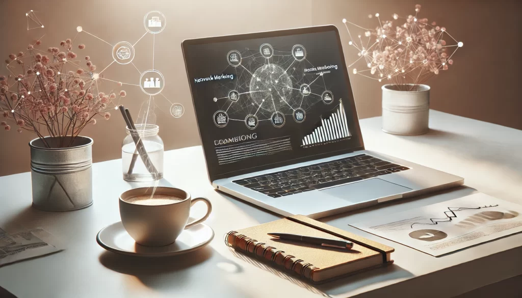 Professional workspace featuring a laptop displaying a network marketing diagram, a cup of coffee, a notebook, and a plant, emphasizing entrepreneurship and marketing strategies.