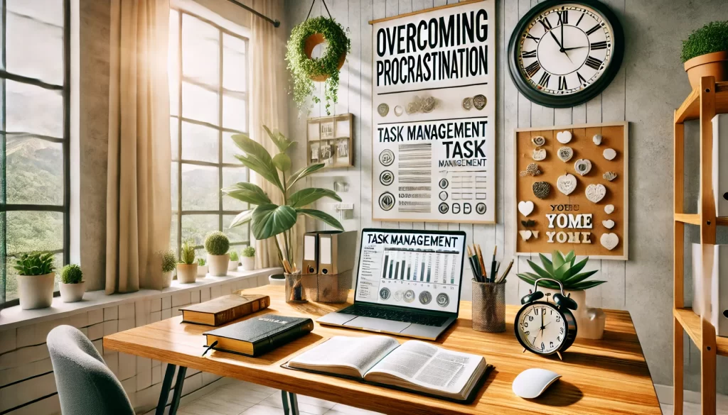 Serene organized workspace featuring a desk with a laptop displaying task management charts, an open book, and decor emphasizing "Overcoming Procrastination," surrounded by plants and natural light.