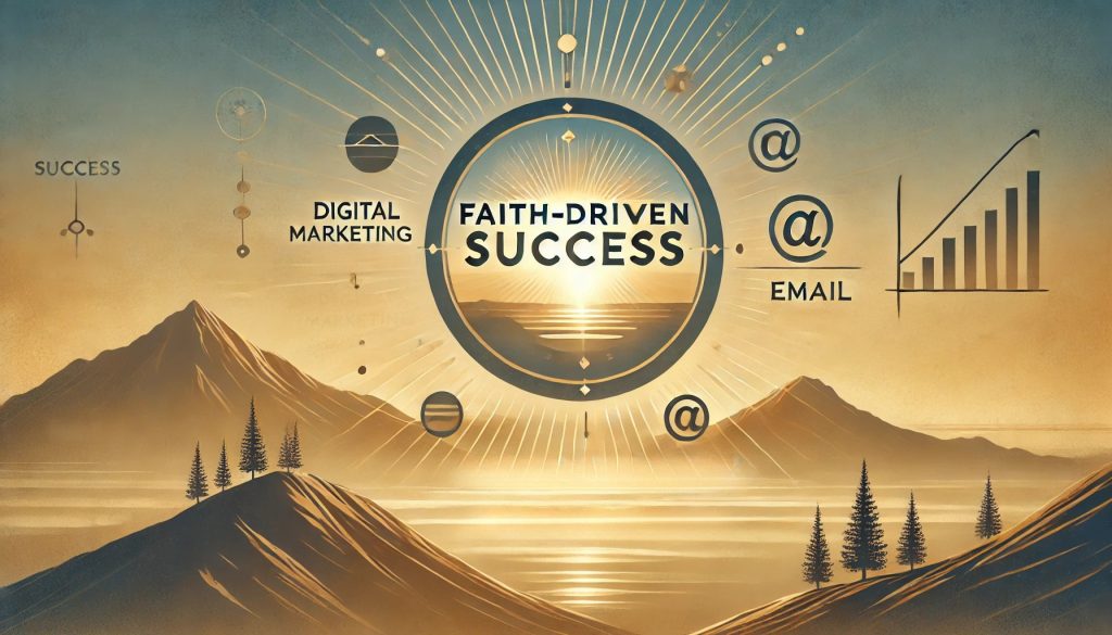 Faith-driven success graphic featuring digital marketing elements, email symbols, and a success chart against a scenic mountain backdrop, emphasizing purposeful online business aligned with faith.