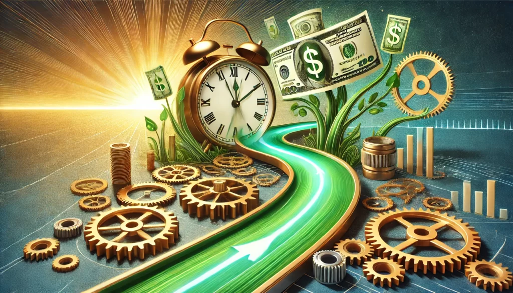 Clock surrounded by gears, money, and plants symbolizing the concept of trading time for money, with a glowing path representing financial freedom and business efficiency.