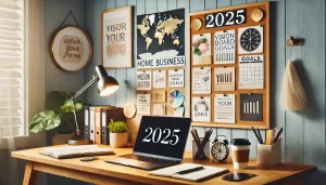 Vision 2025 home business goals and planning board with laptop and workspace