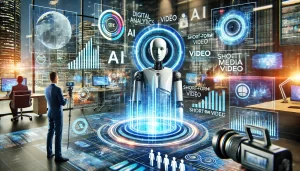 Futuristic digital marketing concept with AI tools and short-form video, illustrating 2025 trends.