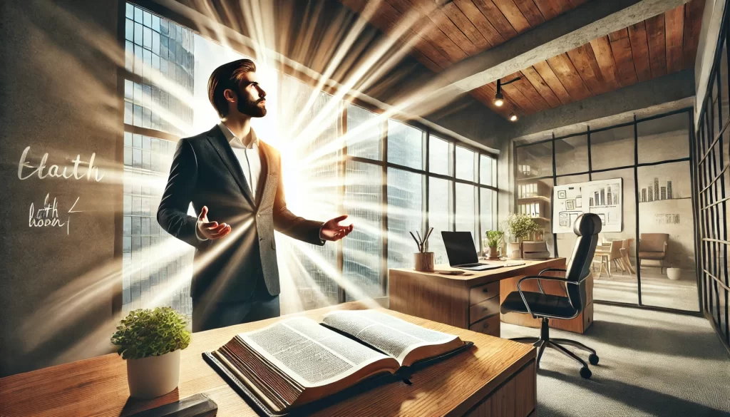 Confident Christian entrepreneur in modern office, looking out large window, embodying faith and hope, with open book and plants on desk, light radiating around him.