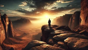 Lone leader on desert cliff at sunrise symbolizing faith-based leadership lessons.