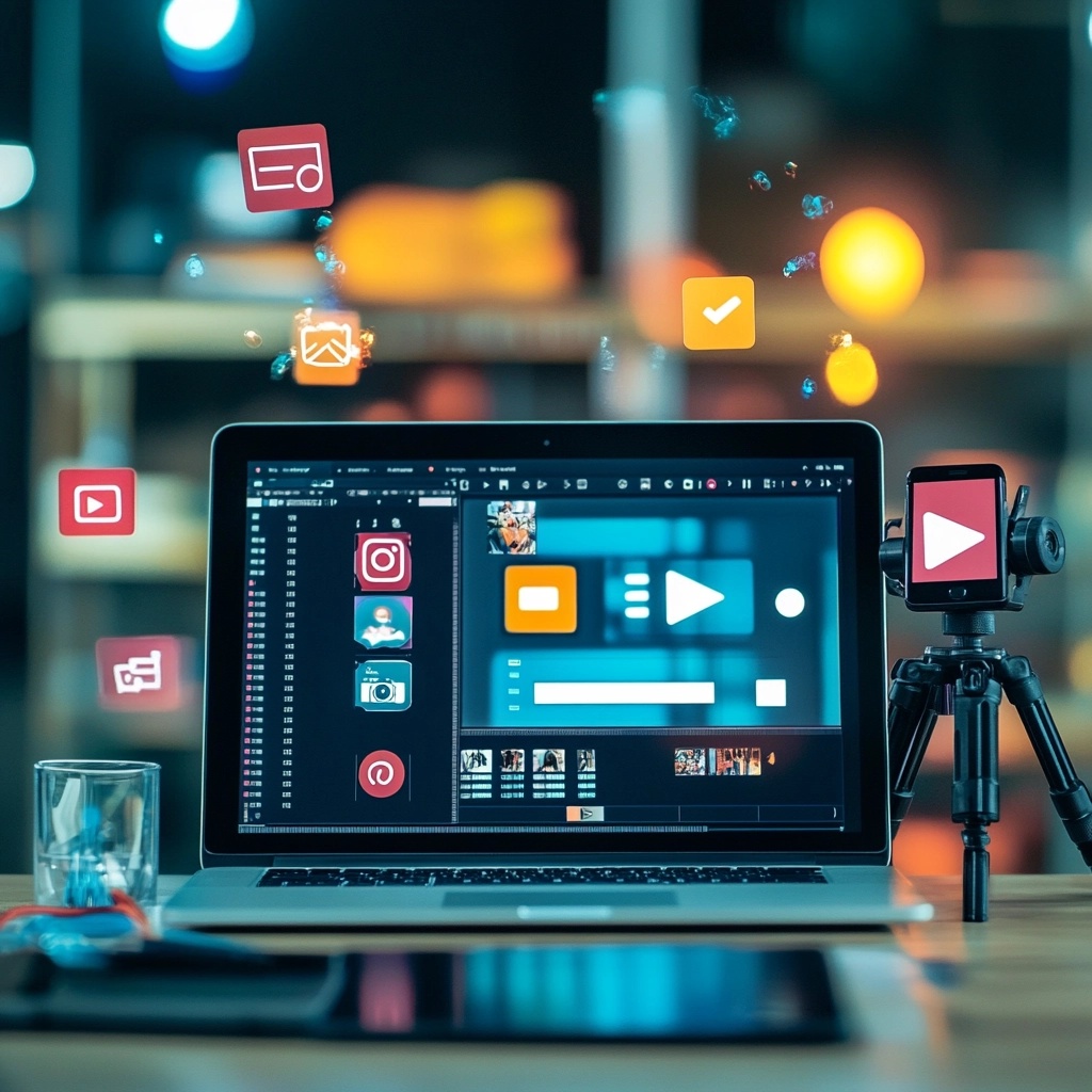 Laptop displaying video editing software with social media icons, video play buttons, and a camera on a tripod, emphasizing video marketing strategies for business growth.
