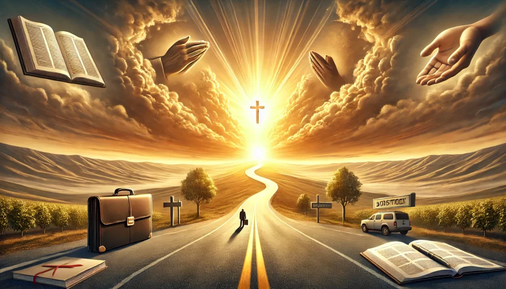 Winding road leading toward a bright sunrise, symbolizing faith and trust in God's direction, with open books, a briefcase, and hands reaching from clouds, representing Christian entrepreneurship and decision-making.