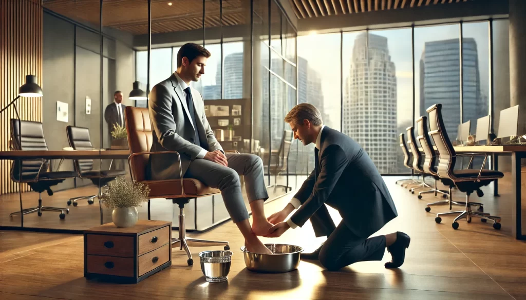 Professional business leader in casual attire washing the feet of a seated employee in a contemporary office setting, emphasizing servant leadership and humility in the workplace.