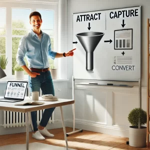 Entrepreneur in modern home office illustrating a 3-step lead generation funnel.