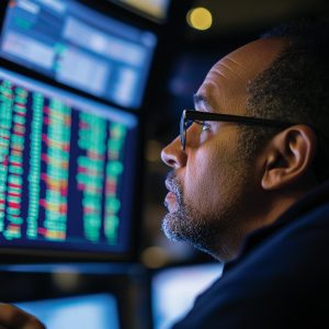 Man in glasses analyzing financial data and stock market trends for faith-based stewardship.