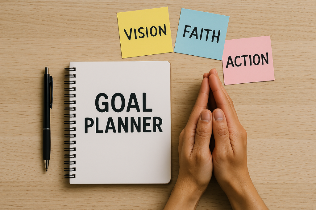 Hands in prayer position above a "Goal Planner" notebook, with colorful sticky notes labeled "Vision," "Faith," and "Action," symbolizing faith-based goal setting for Christian entrepreneurs.