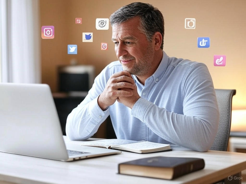 Man engaged with laptop, contemplating digital leadership, surrounded by social media icons, representing online influence and integrity in business.