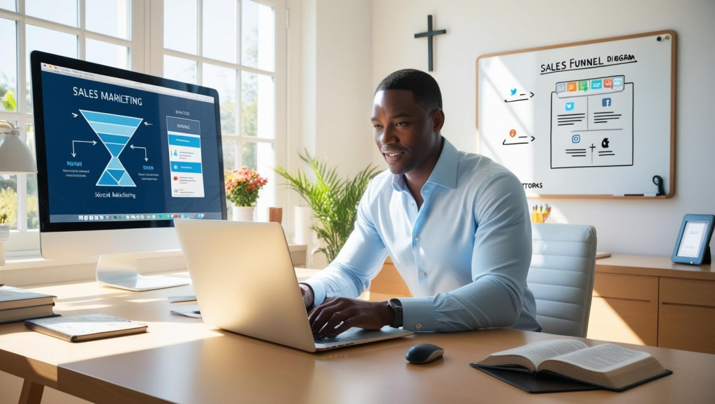 Man working on a laptop in a bright office, with a computer screen displaying a sales funnel diagram and marketing strategies, emphasizing the integration of business and ministry in online presence.