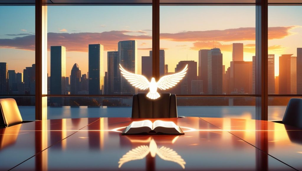 Boardroom table with an open book and a glowing dove, symbolizing divine guidance in high-stakes decisions, with a city skyline at sunset in the background.