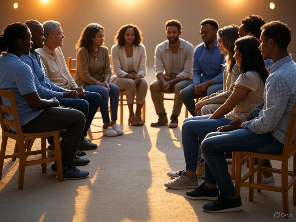 Group of diverse individuals seated in a circle, engaged in conversation, symbolizing the importance of small relational communities for impactful connections and support.