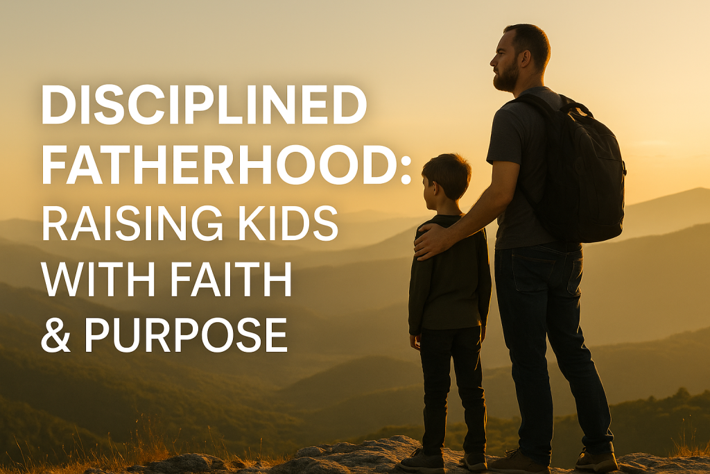 Father and son standing together on a mountain, overlooking a scenic landscape at sunset, with text overlay "Disciplined Fatherhood: Raising Kids with Faith & Purpose."