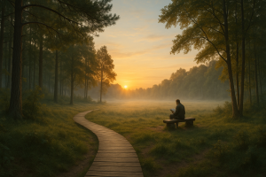Man resting on bench in forest path, Mid Year Sabbath Reset for spiritual reflection.