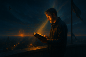 Entrepreneur praying at night with open Bible, spiritual alertness for business.