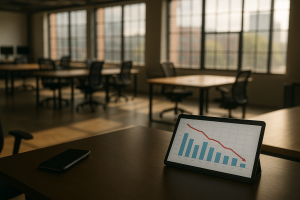 Sales slump graph on tablet illustrating divine timing and entrepreneurial challenges