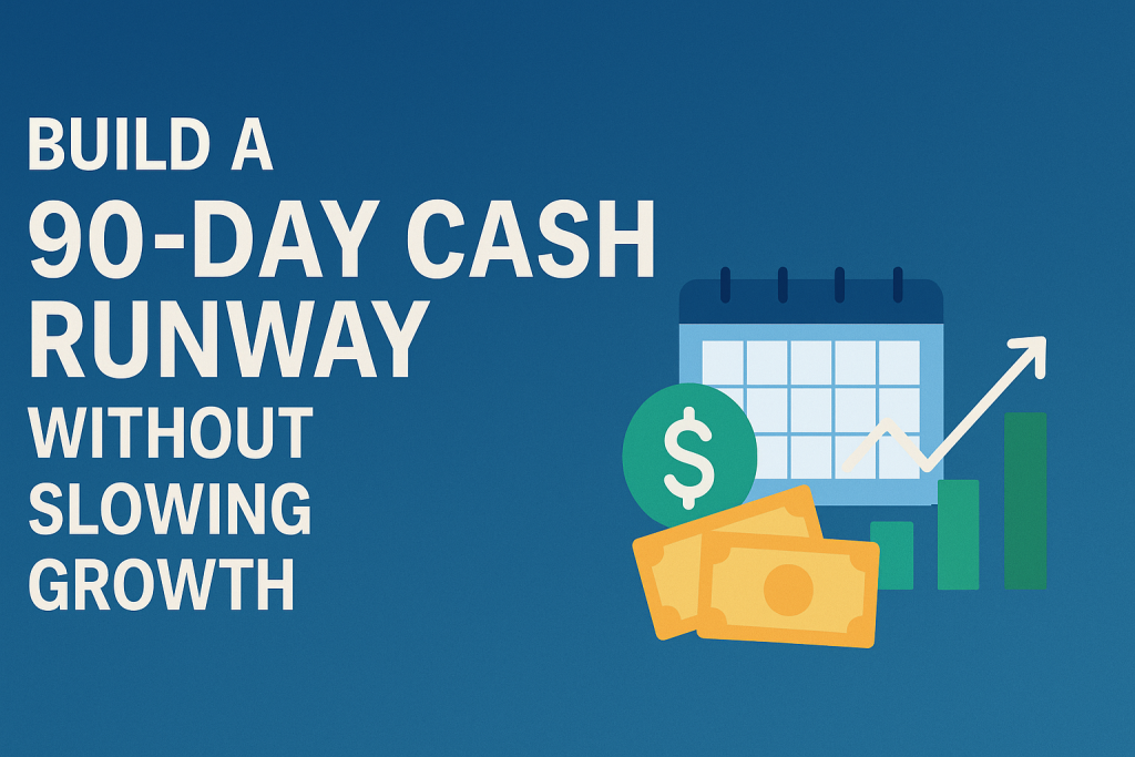 Featured image for blog post titled 'Build a 90-Day Cash Runway Without Slowing Growth' showing calendar, dollar symbol, money, and upward graph on blue background.