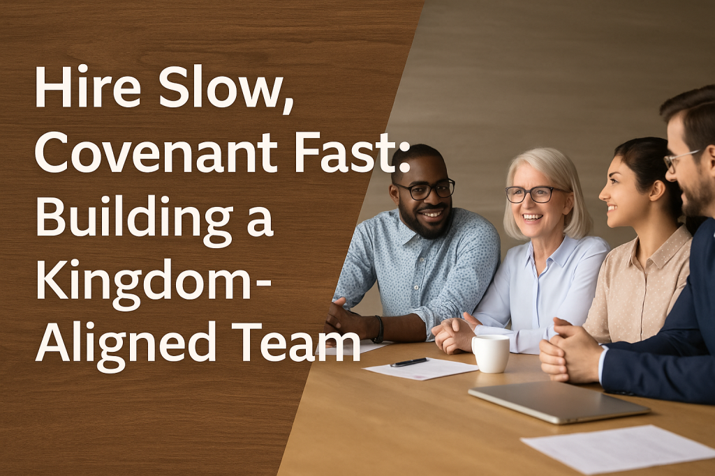 Team meeting focused on hiring strategies, featuring diverse group of professionals discussing "Hire Slow, Covenant Fast: Building a Kingdom-Aligned Team" with emphasis on character and mission.