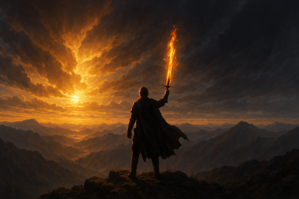 Lone warrior holding a flaming sword on a mountain ridge at sunrise, symbolizing Kingdom leadership, spiritual clarity, and divine assignment.