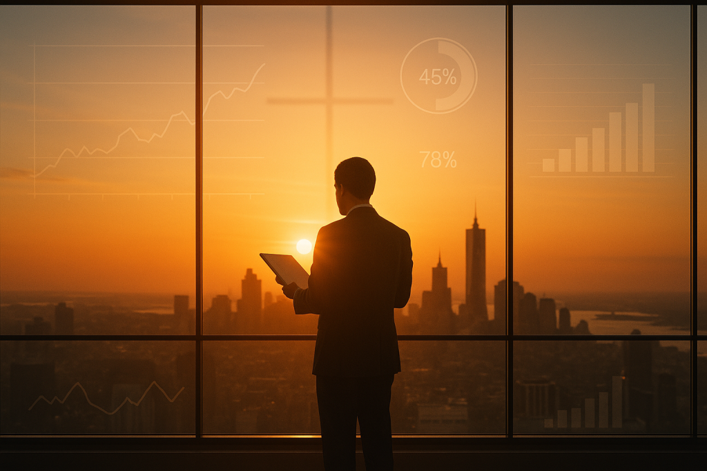 Faith-driven business leader overlooking city skyline at sunrise, surrounded by transparent data charts representing lead and lag metrics for Q4 strategy.