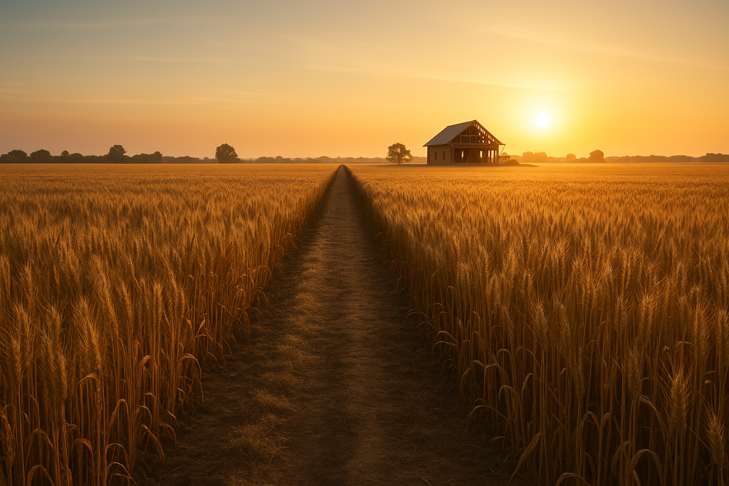 Golden wheat field at sunrise with dirt path leading to farmhouse under construction, symbolizing preparation and harvest readiness for Q4 business strategy.