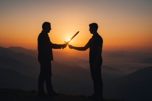 Silhouette of an older man handing a sword to a younger man on a mountain ridge at sunrise, symbolizing generational legacy and the passing of leadership.