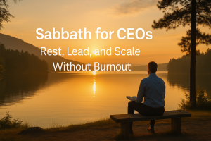 Man sitting by lake at sunset, Sabbath for CEOs branding, rest and leadership insights.