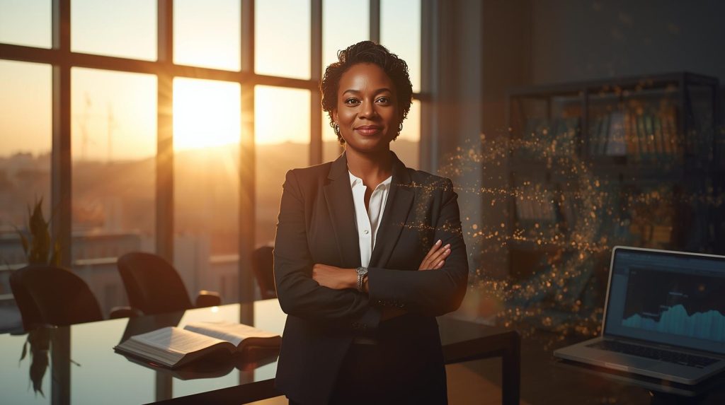 Entrepreneur standing at sunrise in a modern office with a laptop and open Bible on the desk, symbolizing faith, innovation, and new beginnings in the digital marketplace.