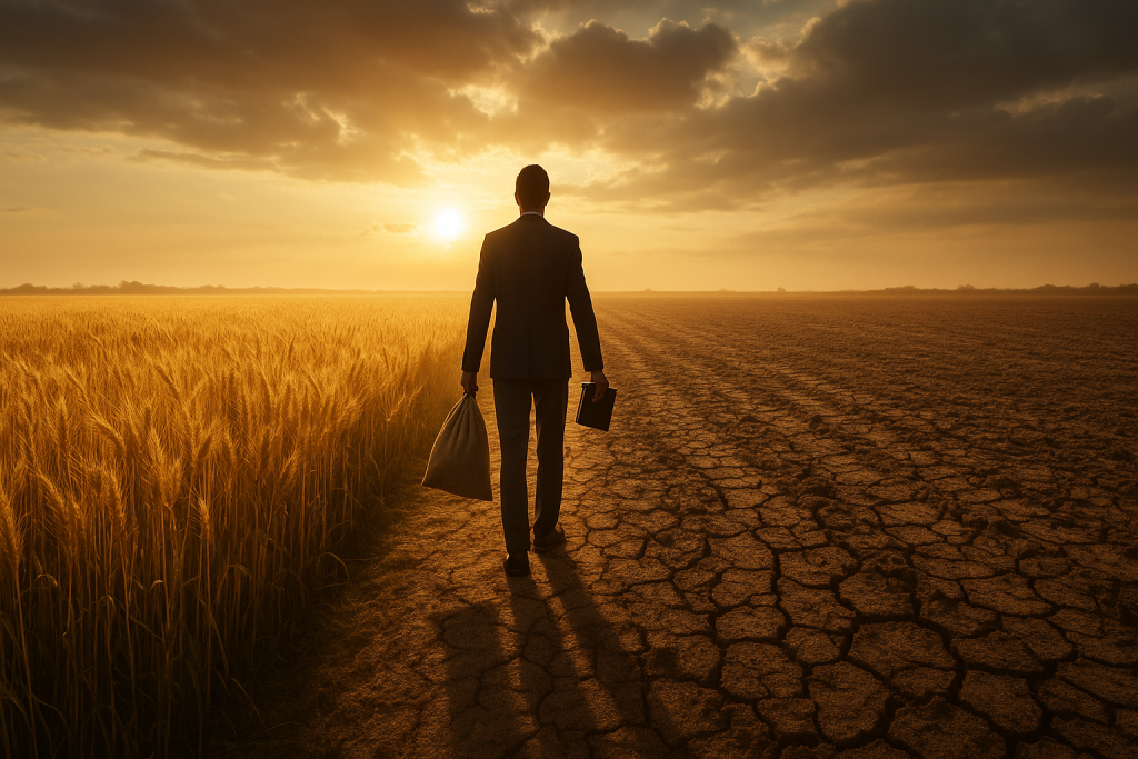 Man standing at sunrise between a golden wheat field and cracked dry soil, holding a Bible and a seed bag, symbolizing business choices and spiritual harvest.