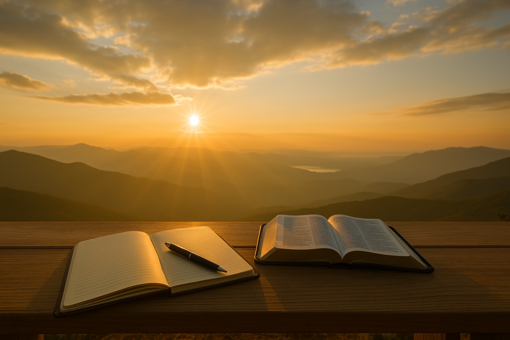 Notebook and open Bible on wooden table with sunrise over mountains, symbolizing faith-driven planning and reflection for the upcoming year.