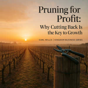 Pruning for Profit concept: vineyard and pruning shears illustrating business growth and Carl Willis's Kingdom Business Series.