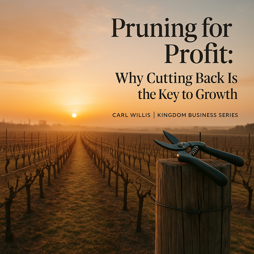 A wide-angle sunrise view of a vineyard with rows of recently pruned grapevines stretching into the distance. In the foreground, a pair of garden shears rests on a wooden post. Warm golden light fills the scene. Text on the right reads, &ldquo;Pruning for Profit: Why Cutting Back Is the Key to Growth&rdquo; with subtext &ldquo;Carl Willis | Kingdom Business Series.&rdquo; The left side of the image is left visually open.