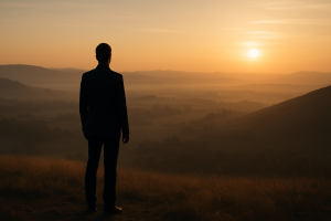 Silhouette of a man standing on a hill at sunrise, overlooking a vast valley with rolling hills and golden grasses, symbolizing leadership, vision, and stewardship.