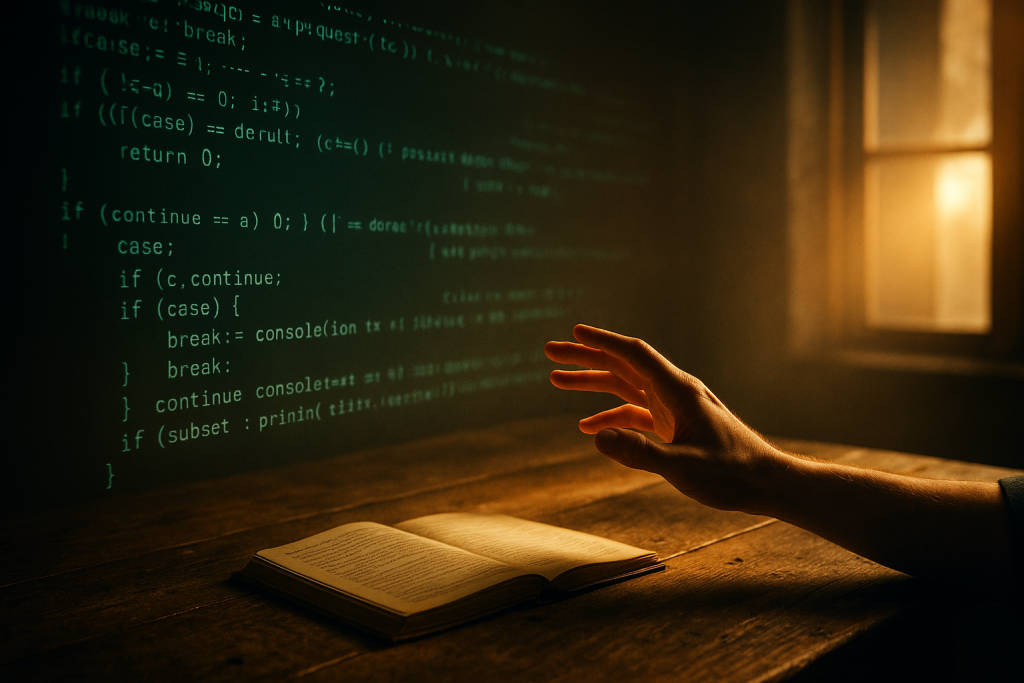 A hand reaches toward glowing green lines of digital code projected in a dim room, with warm sunlight streaming through a window onto a wooden table and an open book.