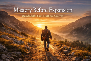 A man walks alone on a rocky mountain path at sunrise, surrounded by golden light and rugged peaks. He carries a tool bag, symbolizing preparedness and growth. Overlaid text reads: "Mastery Before Expansion: Build Skills That Multiply Growth."
