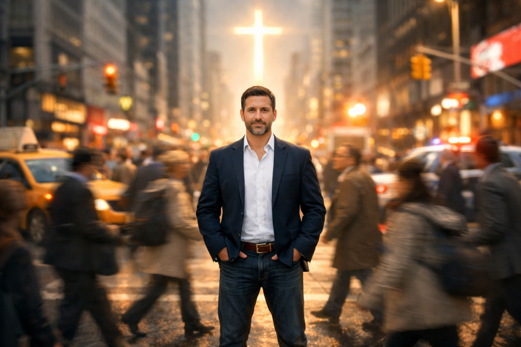 A confident man stands calmly in the center of a busy city street as blurred crowds rush past him. A warm, glowing cross shines above his head, illuminating him with soft light and symbolizing peace and divine guidance amid the surrounding chaos.