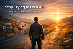 Lone man at a crossroads choosing a narrow path at sunrise, symbolizing Kingdom leadership, clarity, and prioritization.
