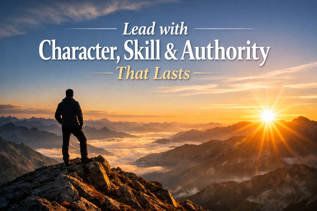 Wide-angle image of a leader standing on a mountain at sunrise with the title &ldquo;Lead with Character, Skill & Authority That Lasts,&rdquo; symbolizing faith-based leadership and lasting legacy.